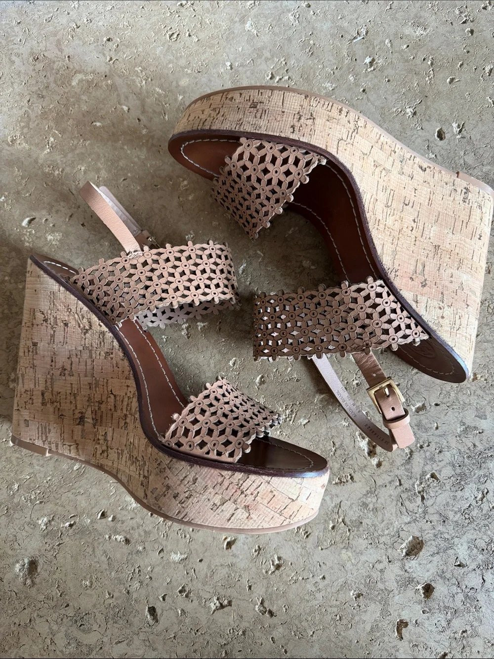 Tory Burch Tan Leather with Laser-Cut outs and Cork Wedge Sandals sz 9.5